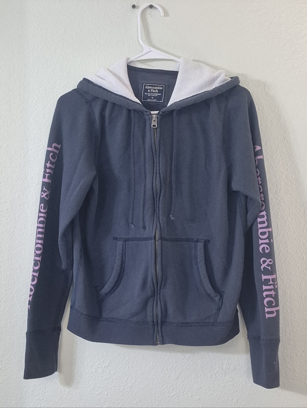 Abercrombie & Fitch Navy Zip Hoodie with Pink Sleeve Logo